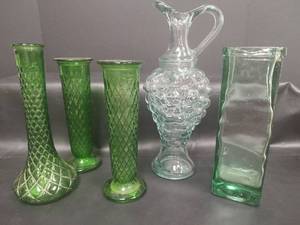 lot 649 image: Assorted Green Toned Vases and Pitcher with Grape Design