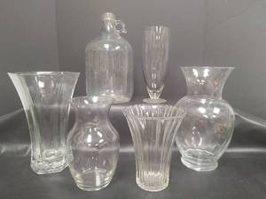 lot 650 image: Mixed Clear Glass Vases and One Gallon Jug Collection