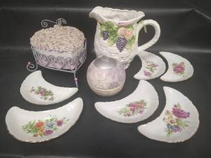 lot 666 image: Vintage Japanese Floral Porcelain China Crescent Dish with Gold Trim, Decorative Pitcher and More