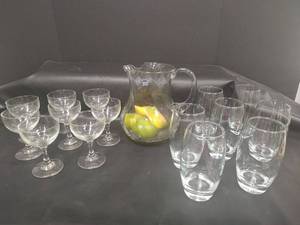 lot 671 image: ACC Romanian Crystal Glass Pitcher with Drink Glasses and Cocktail Glasses