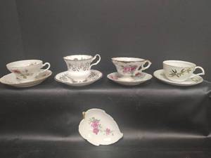 lot 674 image: Vintage Assorted Fine Bone China Tea Cup and Saucer Collection and Rose Trinket Dish