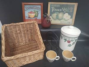 lot 677 image: Country Kitchen Decor Bundle with Wicker Basket and Ceramic Cookie Jar