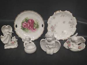 lot 678 image: Porcelain Angel Figurines and Floral Decorative Plates Collection