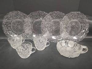 lot 680 image: Antique EAPG Thistle Pattern Glass Handled Nappy Bowl, VTG Indiana Glass Pineapple and Floral Plate 8.5 and 3 Cut Glass Cups