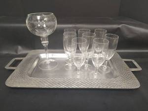 lot 682 image: Glass Champagne Set with Pewter Serving Tray and Crystal Glass Candle Holder