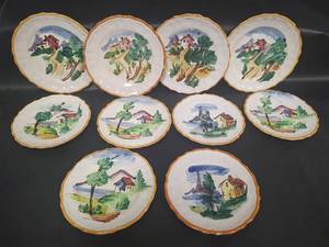 lot 691 image: Hand Painted Ceramic Plates with Village Landscape Motifs, Made in Italy, Signed. All Pieces Have Small Chips in Them