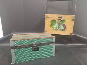 lot 692 image: Hand-Painted Grape Design Wooden Basket with Metal Handle, Green Wood Box with Metal Latch and  Handbag Box with Latch and Victorian Scenes