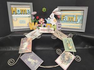 lot 695 image: Vintage Rare Metal Easter Wreath with Metal Glittered Postcards, Wood Easter Welcome and Two Wood Wall Decor Pictures