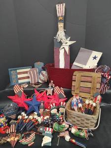 lot 696 image: Patriotic Americana Holiday Ornament and Decoration Collection with Table Runner, Wood Woven Basket and Faux Croc Leather Basket