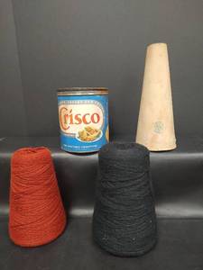 lot 702 image: Vintage Crisco Can,  VTG Wax Paper Milk Container and Acrylic and Wool Yarn Cones