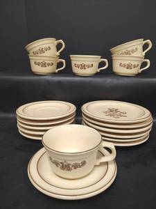 lot 705 image: Vintage Pfaltzgraff Village Brown Floral Pattern Desert Plates 8, Cups 8 and Saucers 8.