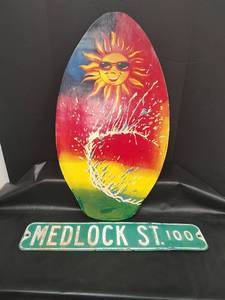 lot 716 image: Decorated Skimboard Wall Hanging with Sun Design and Medlock Street Sign