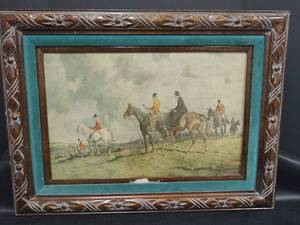 lot 720 image: Framed Fox Hunting Scene Picture in Ornate Wood Frame with Green Velvet Trim 27 x 20