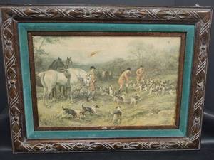 lot 721 image: Fox Hunters Picture in Ornate Carved Frame with Green Velvet Trim 27 x 20