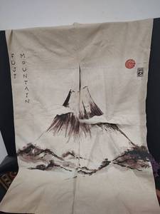 lot 725 image: Vintage Japanese Fuji Mountain Noren Door Curtain with Traditional Ink Painting, 34 wide with split in middle x 49 long