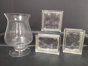 lot 734 image: Clear Glass Hurricane Vase with Glass Blocks
