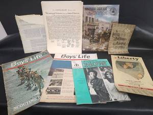 lot 739 image: Historical Document Collection with Declaration of Independence Reproduction and President Pictures, Boys Life Magazines and Calendar