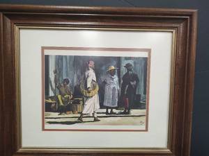 lot 750 image: Caribbean Market Scene Print in Wooden Frame 24.5 x 20.5