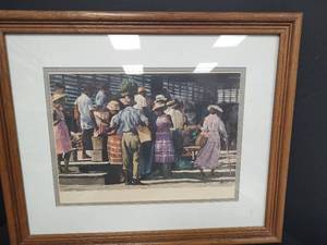 lot 751 image: Outdoor Market Scene Print with Wooden Frame