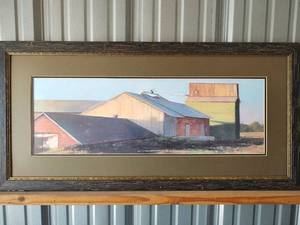 lot 1003 image: Framed Farm Buildings Landscape Painting, 40 x 19