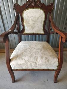 lot 1008 image: Antique Carved Wood Armchair with Floral Upholstery