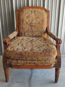 lot 1013 image: Upholstered Armchair with Carved Wood Frame, Padded Armrests and Ornate Tapestry Fabric