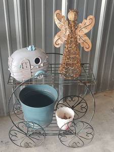 lot 1045 image: Metal Plant Cart with Decorative Angel and More