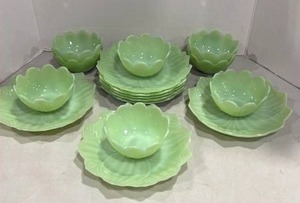 Jadeite Glass Lotus Bowl and Plate Set
