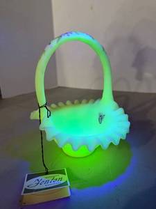 Fenton hand painted uv reactive uranium glass basket