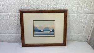 Signed Mountain Seascape Print in Wood Frame