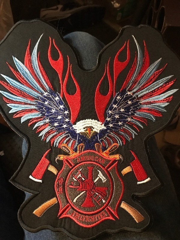 lot 9394 image: Two very nice large embroidery firefighter patch is 12 x 14