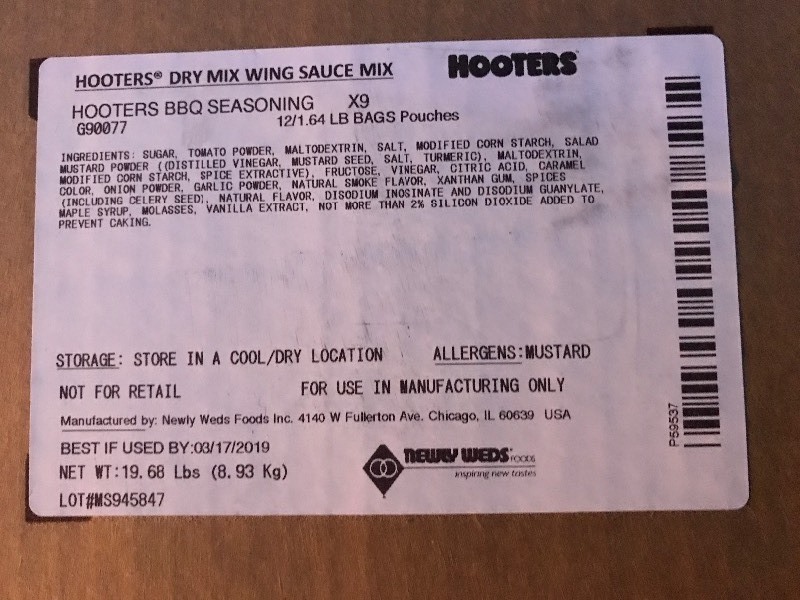 lot 9596 image: 12 bags of Hooters wing sauce mix barbecue seasoning  each bag 1.64 pounds