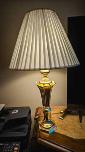 lot 503 image: This can pickup at clients home or Olathe office Traditional Brass Table Lamp with White Pleated Shade (2)