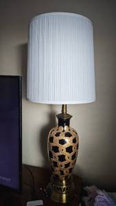 lot 504 image: These can pickup at clients house or Olathe office Mid-Century Black and Gold Filigree Table Lamps (2)