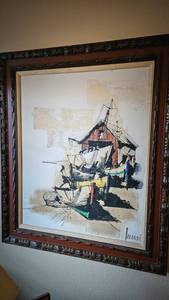 lot 505 image: This can pickup at clients home or Olathe office Abstract Nautical Ship Painting in Wooden Frame