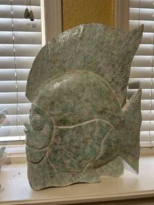 lot 516 image: Decorative Metal Fish Stone Art approx 14 inches tall