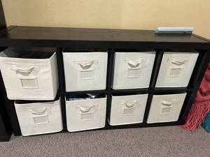 lot 524 image: White Canvas Storage Bins Set - 8 Cubes with solid shelving