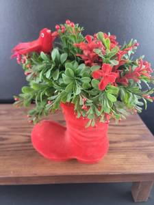 lot 3315 image: Red Boot Planter with Artificial Greenery