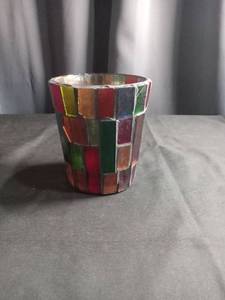 lot 2305 image: Multicolored Mosaic Glass Votive Holder