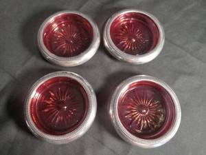 lot 3024 image: Ruby Red Glass Coasters with Silver Trim