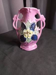 Pink Porcelain Floral Vase with Blue Leaves