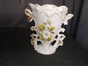 lot 3034 image: White Porcelain Floral Vase with Gold Accents