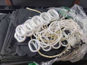 lot 3269 image: White Decorative Shower Curtain with Rings with Gold Accent Cord