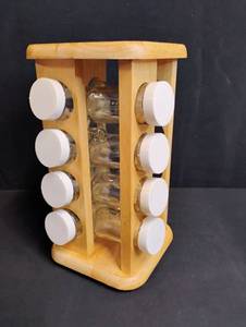 lot 1736 image: Wooden Rotating Spice Rack with Glass Jars