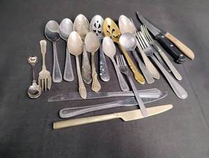 lot 1779 image: Mixed Silverware Collection with Gold Accent Serving Spoon
