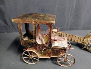 lot 1814 image: Early American Tin Toy Locomotive and Guitar Musical Wind up 