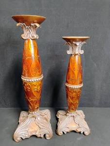 lot 1845 image: Ornate Amber Glass Candlesticks with White Metal Accents