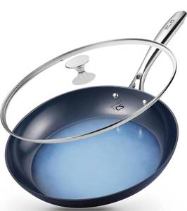 lot 1424 image: KOCH SYSTEME CS 14 Inch Large Frying Pan with Lid, Nonstick Skillet with Ceramic Interior, Large Fry Pan for Family & Commercial Cooking, Frying Pan Nonstick, Oven Safe & Induction Compatible, Blue