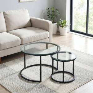 lot 1426 image: Round Nesting Coffee Table Set of 2, Modern Glass Nesting Tables, Stacking Minimalist End Table for Living Room Bedroom Small Space, Clear Tempered Glass and Black
