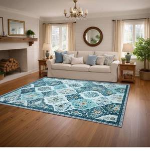 lot 1440 image: 8x10 Area Rug for Living Room, Washable Boho Throw Rugs, Moroccan Trellis Bohemian Ultra Soft Large Non-Slip Carpet for Dining Room Office Bedroom - Teal